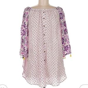 Anupamaa Purple Floral Silk Blend Boho Tassel Tunic Top Mini Dress NWT Medium
